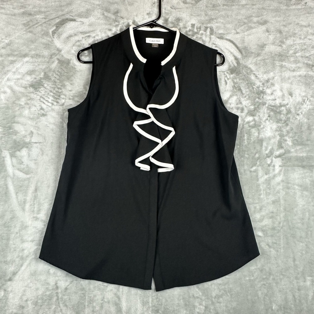 Calvin Klein Button Front Blouse Top Women's L Black White Contrast Trim Ruffle